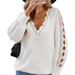 Lace Splicing V Neck Pullover Sweater