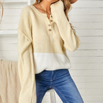Splicing Buttoned Knitted Long Sleeve Sweater