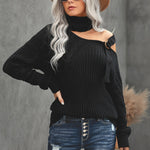 Black Strapped Cut out Shoulder Turtleneck Sweater