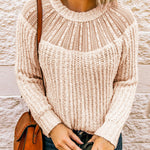 Beige Round Neck Lace Splicing Knitted Sweater