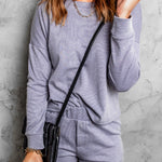 Grey Ribbed Knit Drop-Shoulder Sleeve Top and Shorts Lounge Set