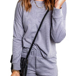 Grey Ribbed Knit Drop-Shoulder Sleeve Top and Shorts Lounge Set