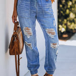 Pocketed Distressed Denim Joggers
