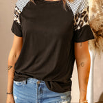 Letter Heart Print Leopard Striped Color Block Short Sleeve T-shirt