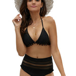Red Pom Pom Mesh Insert High Waist Bikini