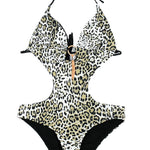 Python Print Plunge V Neck Halter Cut out Backless One-piece Swimwear