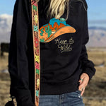 Letter Desert Hat Print Long Sleeve Black Sweatshirt