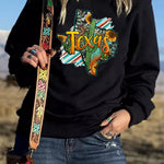 Letter Desert Hat Print Long Sleeve Black Sweatshirt