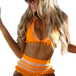 Red Pom Pom Mesh Insert High Waist Bikini