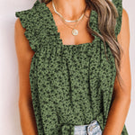 Green Floral Ruffled Straps Flowy Tank Top