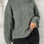 Solid Turtleneck Cable Knit Pullover Sweater