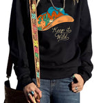 Letter Desert Hat Print Long Sleeve Black Sweatshirt