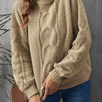 Solid Turtleneck Cable Knit Pullover Sweater