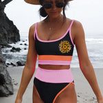 Spaghetti Straps Colorblock Ribbed High Waisted Swimsuit