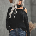 Black Strapped Cut out Shoulder Turtleneck Sweater