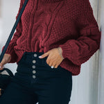 Solid Turtleneck Cable Knit Pullover Sweater