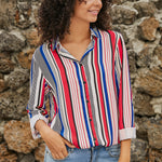 Red Blue Striped Modern Women Shirt