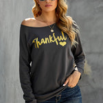 THANKFUL Print Crew Neck Long Sleeve Top