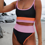 Spaghetti Straps Colorblock Ribbed High Waisted Swimsuit