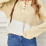 Splicing Buttoned Knitted Long Sleeve Sweater