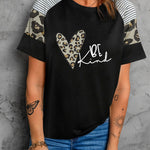 Letter Heart Print Leopard Striped Color Block Short Sleeve T-shirt