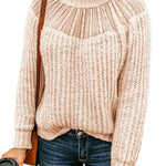 Beige Round Neck Lace Splicing Knitted Sweater