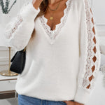 Lace Splicing V Neck Pullover Sweater