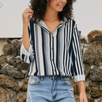 Red Blue Striped Modern Women Shirt